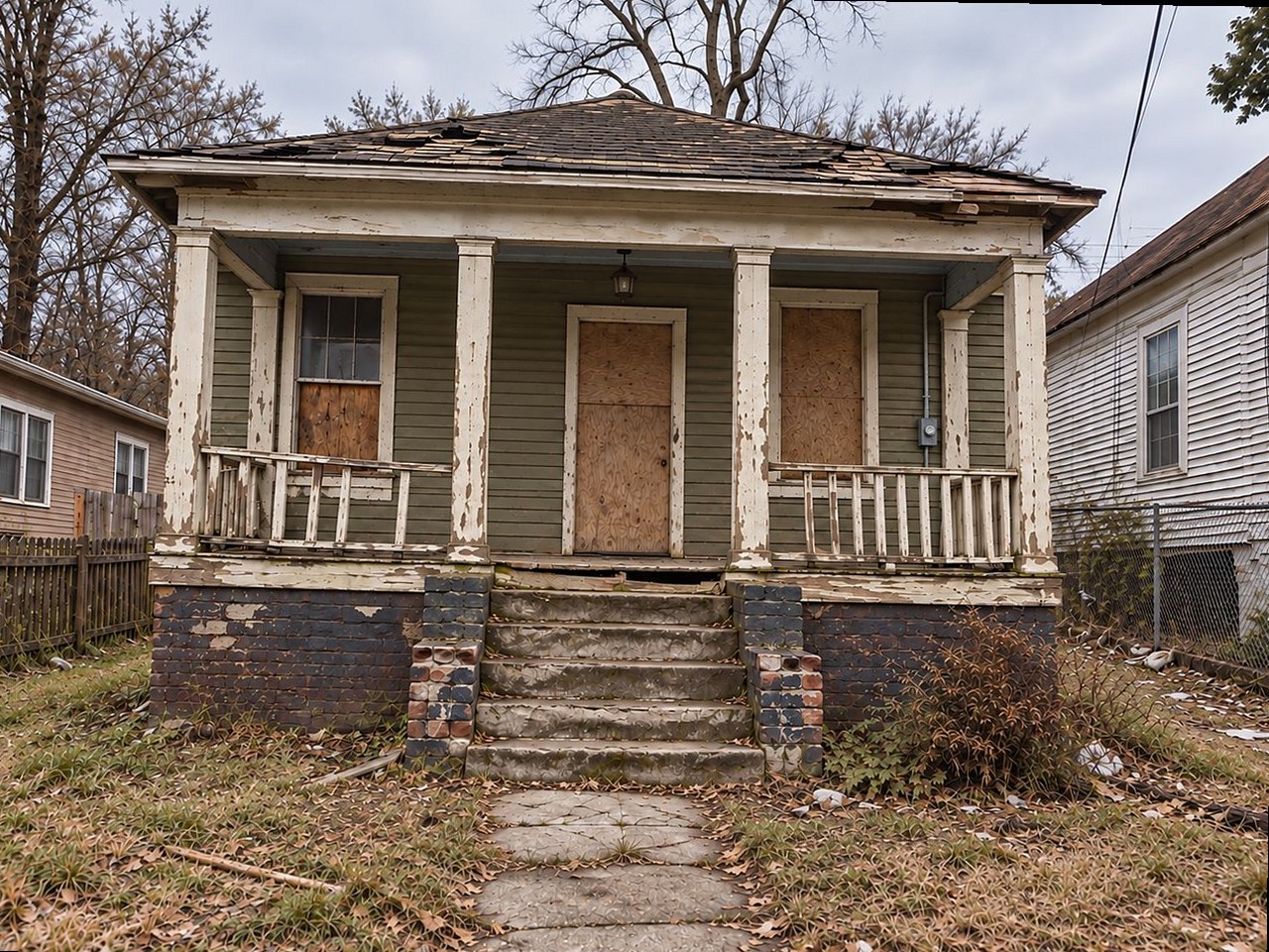 Hip-roof bungalow before renovation — failing roof, peeling paint, boarded door and windows, collapsed porch rail